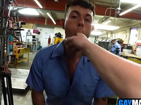 Horny guys 3some fucking in the workshop asian gay sex videos uncle