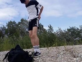 Cute twink Jon Arteen wears black Adidas outfit, shows his underwear, walks freeballing, jerking off throught his unannounced shorts, cumming outdoor asian smart gay mating videos